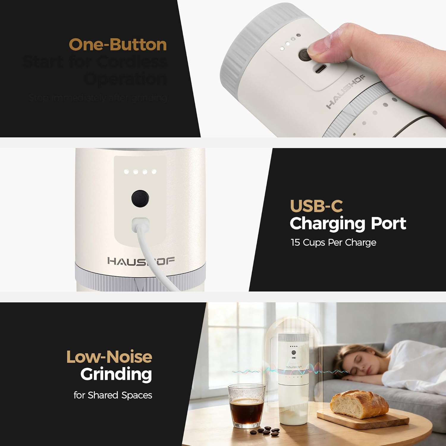 HAUSHOF Portable Coffee Maker, Camping Coffee Makers Travel Mini Coffee Maker, Portable Travel Coffee Maker with Grinder, Personal Cordless Travel Coffee Maker for Car, Camping, and Home