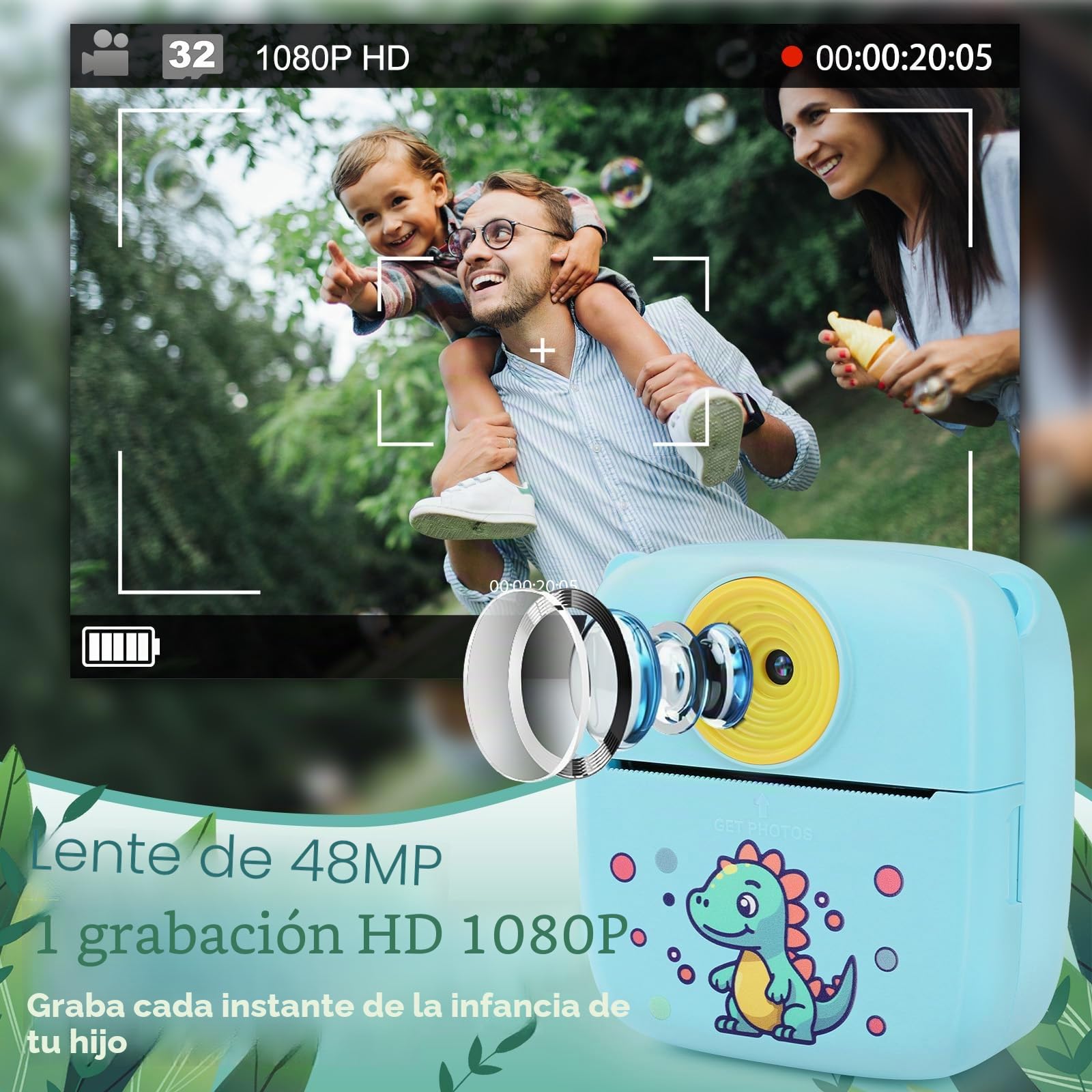 Dhapy Camara Fotos Infantil Instantanea, Cámara De Fotos Infantil De 48 MP con Papel De Impresión Y Tarjeta TF De 32 GB, Camara Fotos Instantaneas 1080P, Regalo Niños Y Niñas De 3 4 5 6 7 8 Años Azul