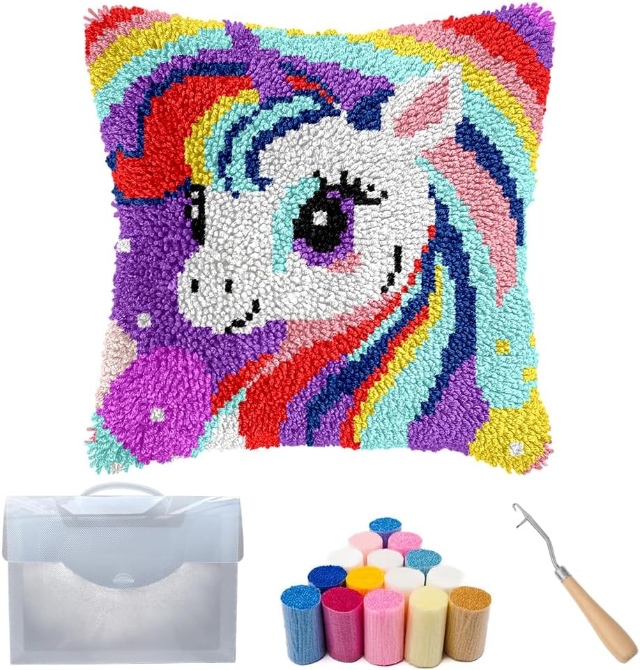 Cozykeke Unicorn Latch Hook Kit for Adults Beginners,DIY Latch Hook Pillow Kit Cover Cushion Craft Kits with Pre-Printed Canvas, Suitable for Home Decor and Festival Gift 17 * 17in (BX814)
