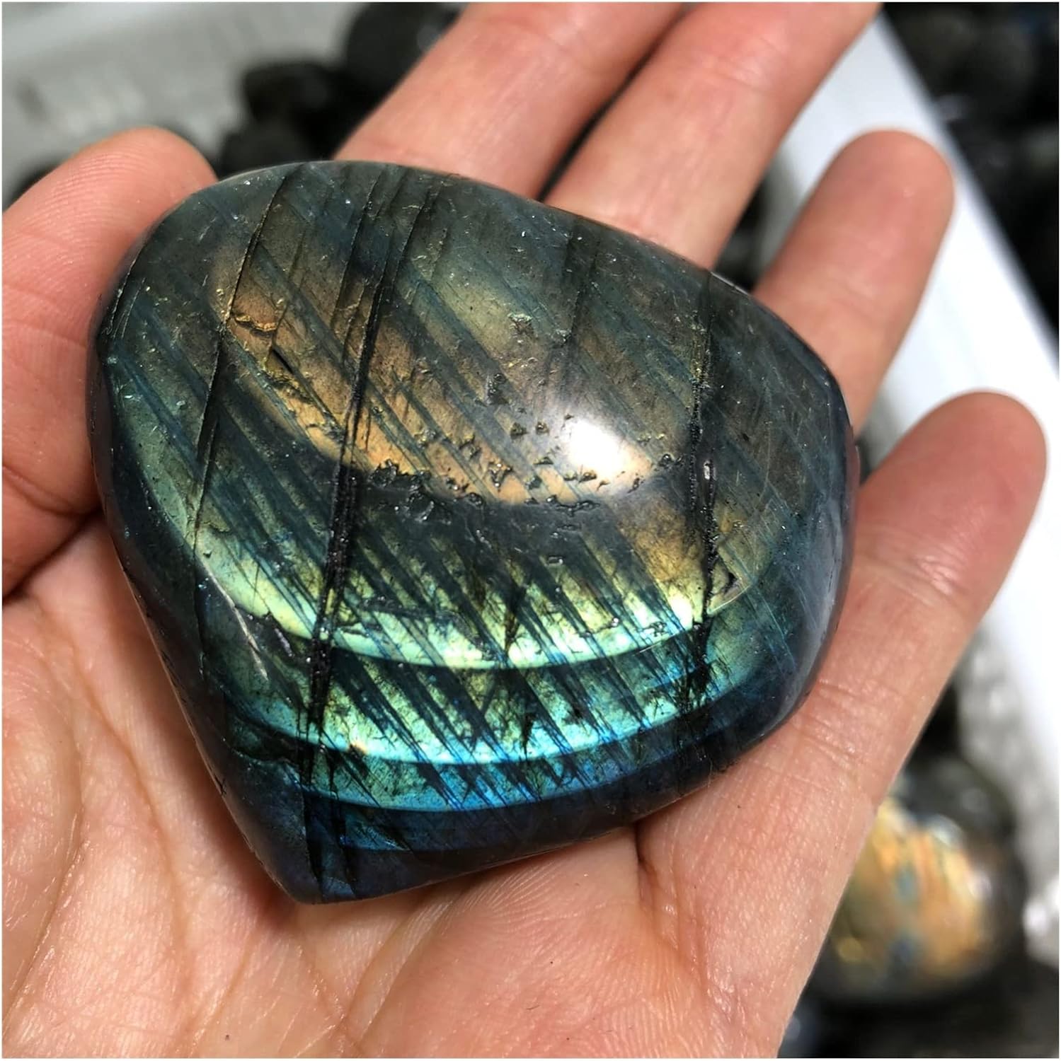 FIDEMM Natural Crystal Rough 1PC Heart Shaped Natural Blue Color Genuine Labradorite Original Labradorite Moonstone Natural Stones Ornament Moonstone (Size : 100-130g)