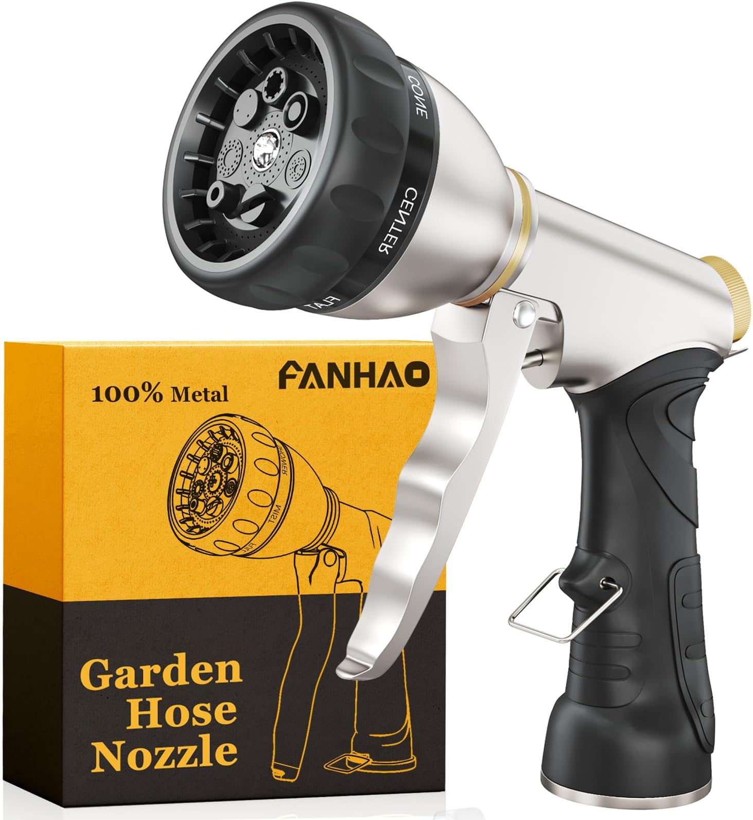 FANHAO Garden Hose Nozzle Heavy Duty, Metal Water Hose Sprayer, Leakproof | 7 Adjustable Spray Patterns, Rustproof Zinc Alloy, Hands-Free Lock, Ergonomic Grip Water Nozzle for Lawn, Plant, Car & Pet