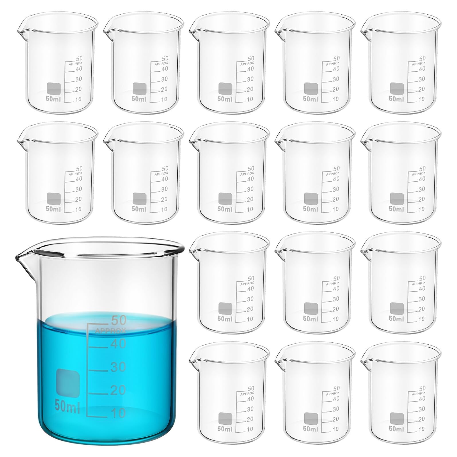 SEWACC Set de 20 Vasos de Vidrio Escala Graduada de 50ml para Medición Precisa, Cristalería de Laboratorio Simple y Elegante Adecuado para Experimentos Científicos