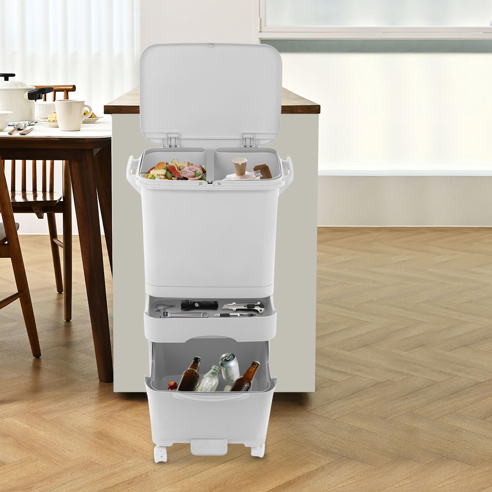 Papelera de cocina 42L con 3 compartimentos, papelera de cocina, papelera de separación de residuos secos y húmedos con ruedas, papelera con pedal y tapa sobre ruedas para cocina, hogar y