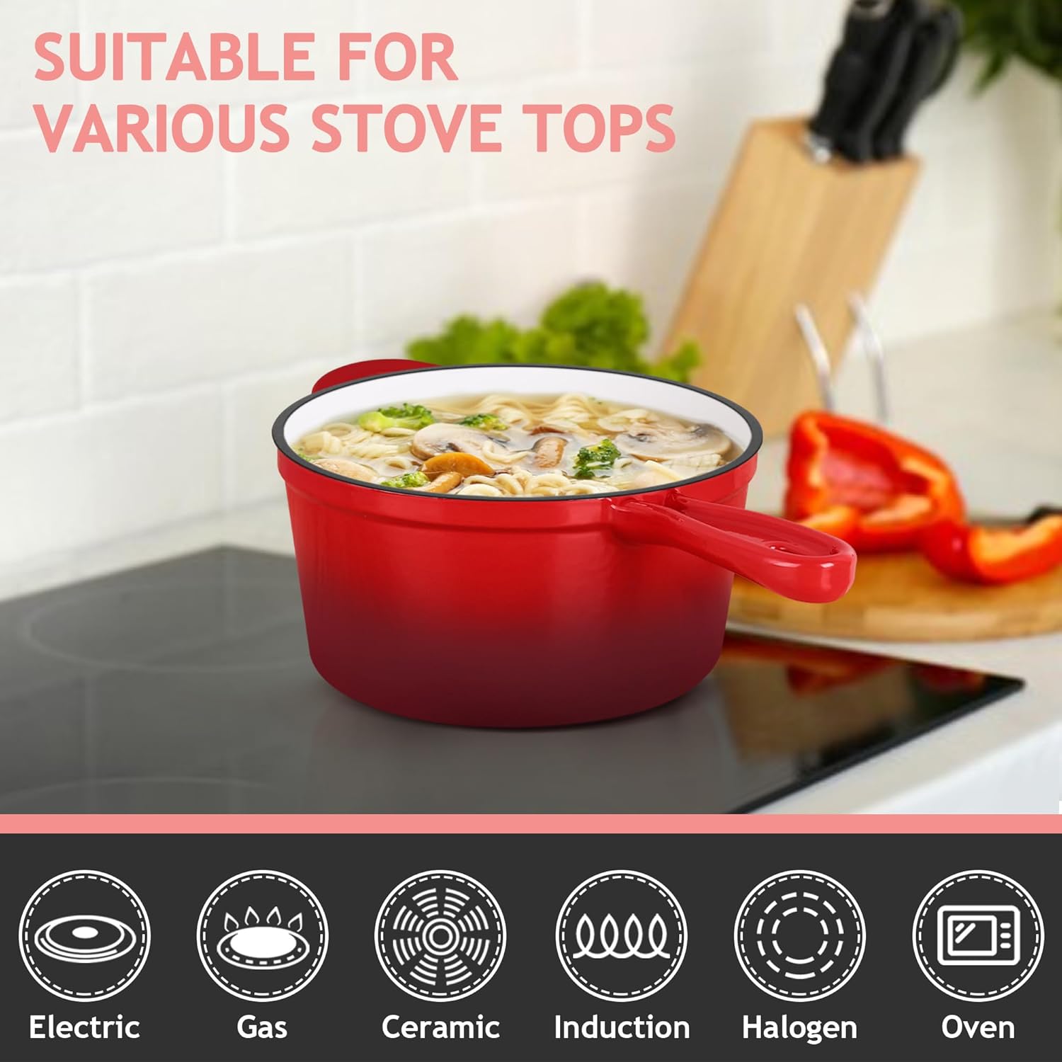 TeamFar Enameled Cast Iron Sauce Pan, 1QT Small Sauce Pot with Lid, Mini Dutch Oven Saucepan for Cooking/Simmering/Baking/Boiling, Sturdy & Nonstick, Oven Safe & Fit for Induction-Red