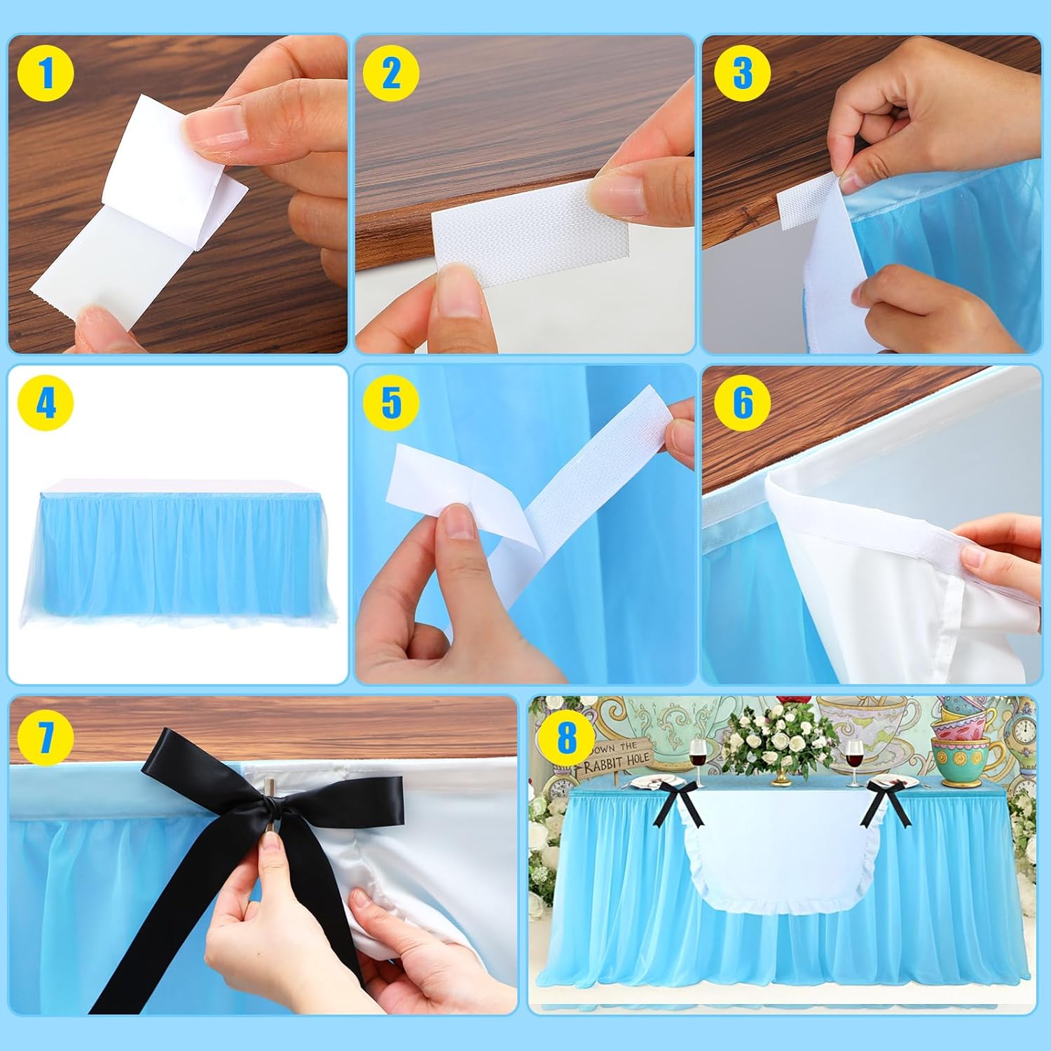 5 Pcs Wonderland Party Decorations Wonderland Table Cloth Blue Mesh Table Group, White Tablecloth Black Bow for Tea Party Celebrations Birthday Mother's Day