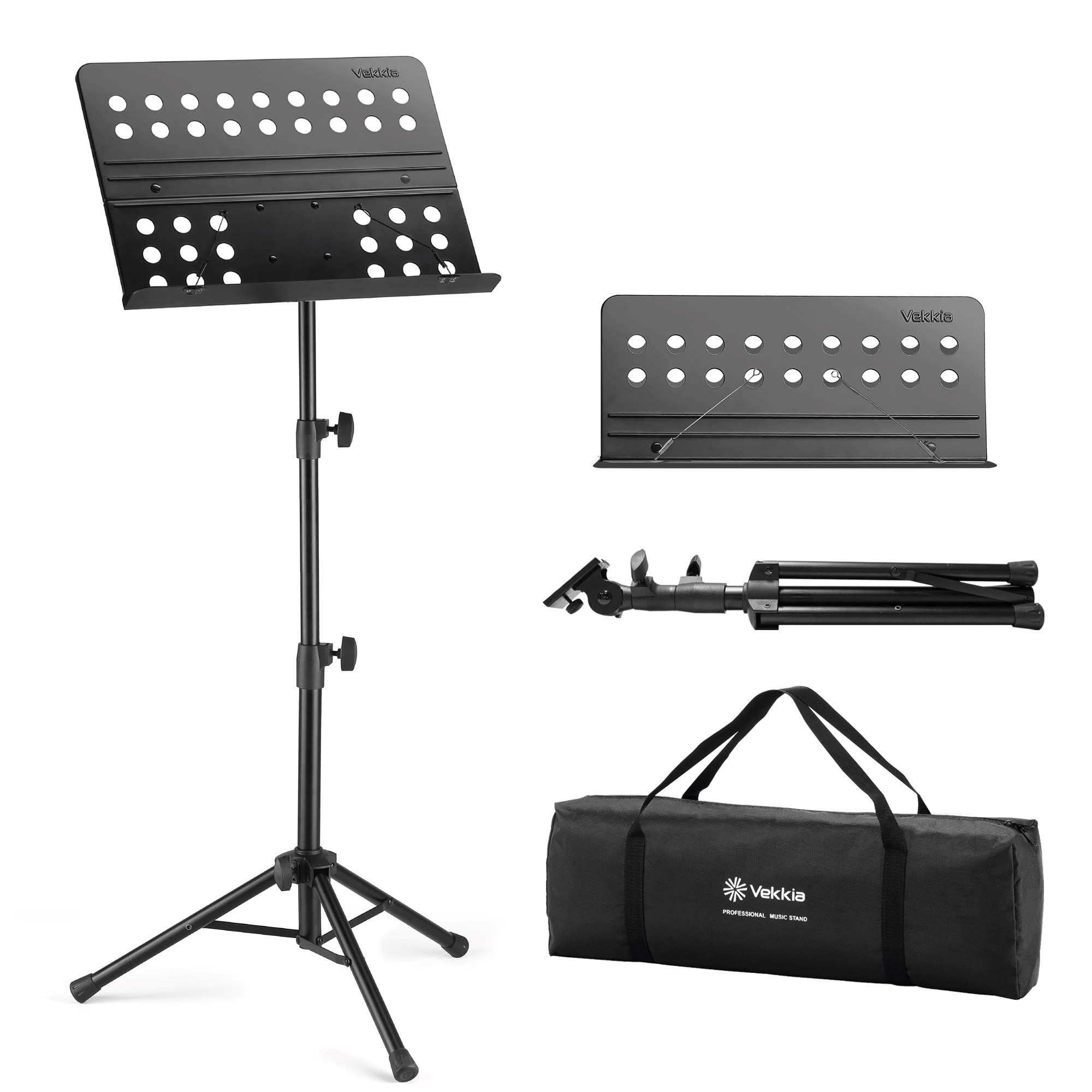 Vekkia Sheet Music Stand-Metal Professional Portable Perforated Music Stand with Carrying Bag,Folding Adjustable Music Holder,Super Sturdy suitable for Instrumental Performance & Band & Travel
