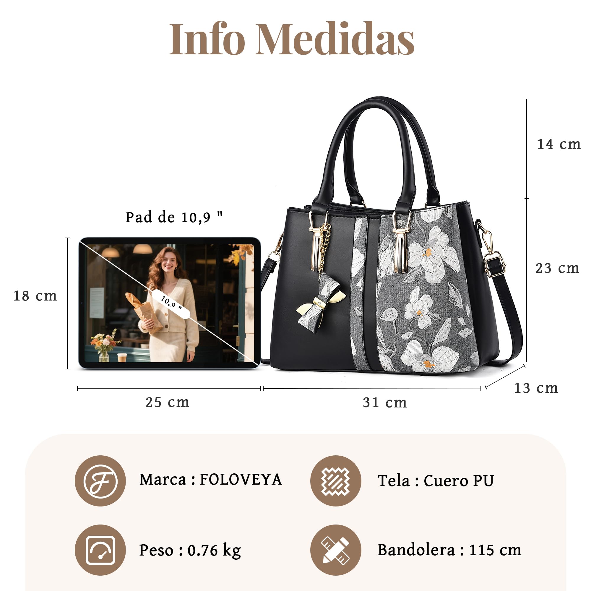 Bolso Mujer Bandolera Mediano Bolso de Mano Floral y Lazo Colgante