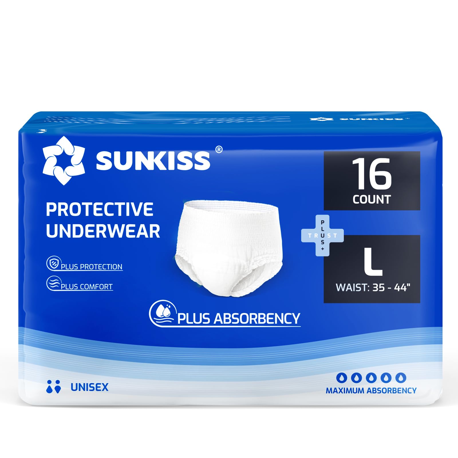 SUNKISS TrustPlus Unisex Incontinence Disposable Underwear, Large, 16 Count - Heavy Absorbency, Barrier Leak Protection, Odor Control, Soft, Flexible Fabric