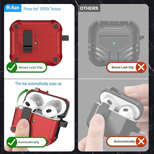 Miniatura 2 de R-fun Funda para Airpods de 3 generación con clip de bloqueo seguro automático, carcasa rígida protectora de cuerpo completo para Airpods 3 para