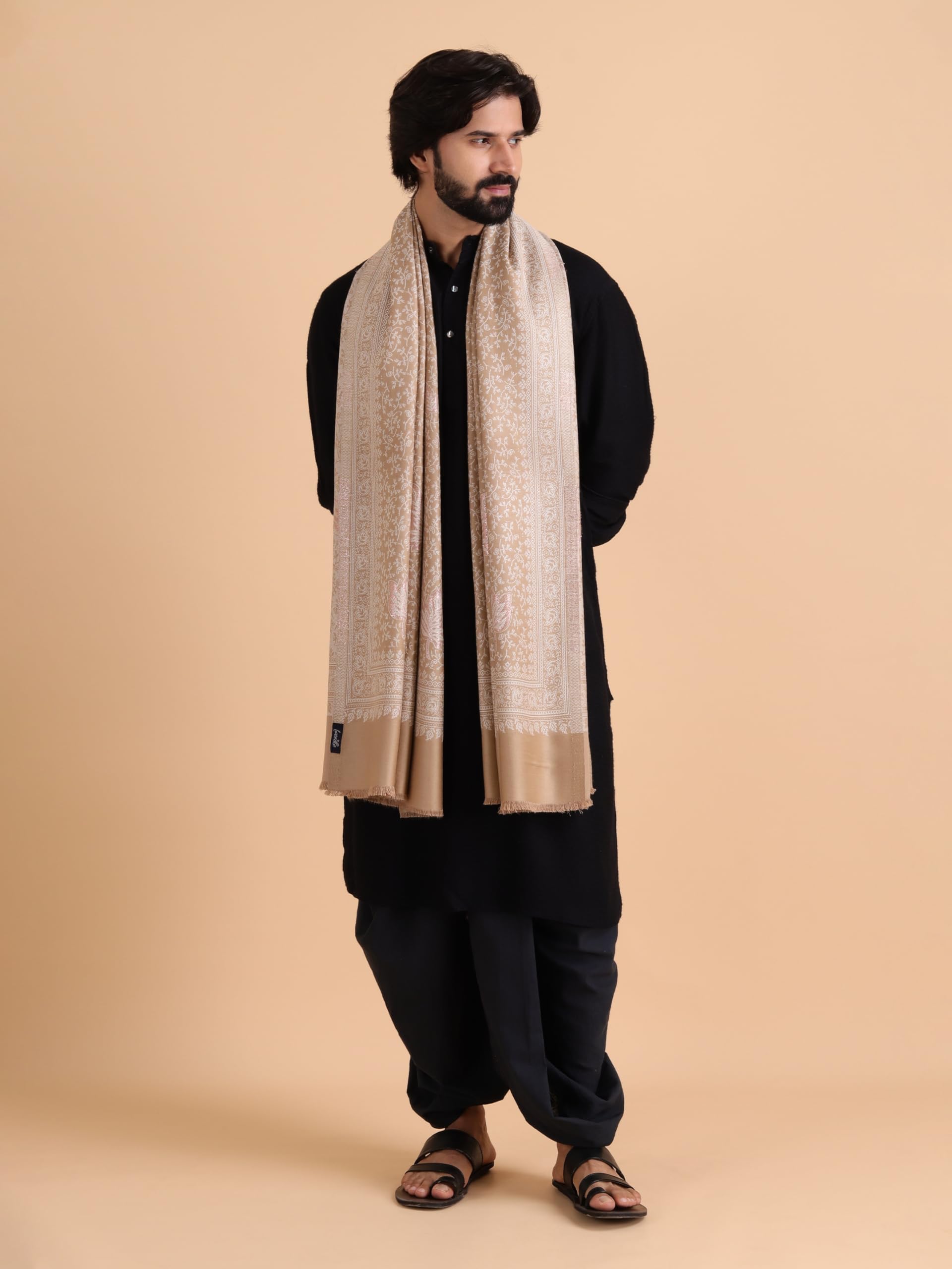 tweedle Kashmiri Shawl for Men, Zari Work, Faux Pashmina Stole for Gents - Beige (40 x 80 Inches) 1