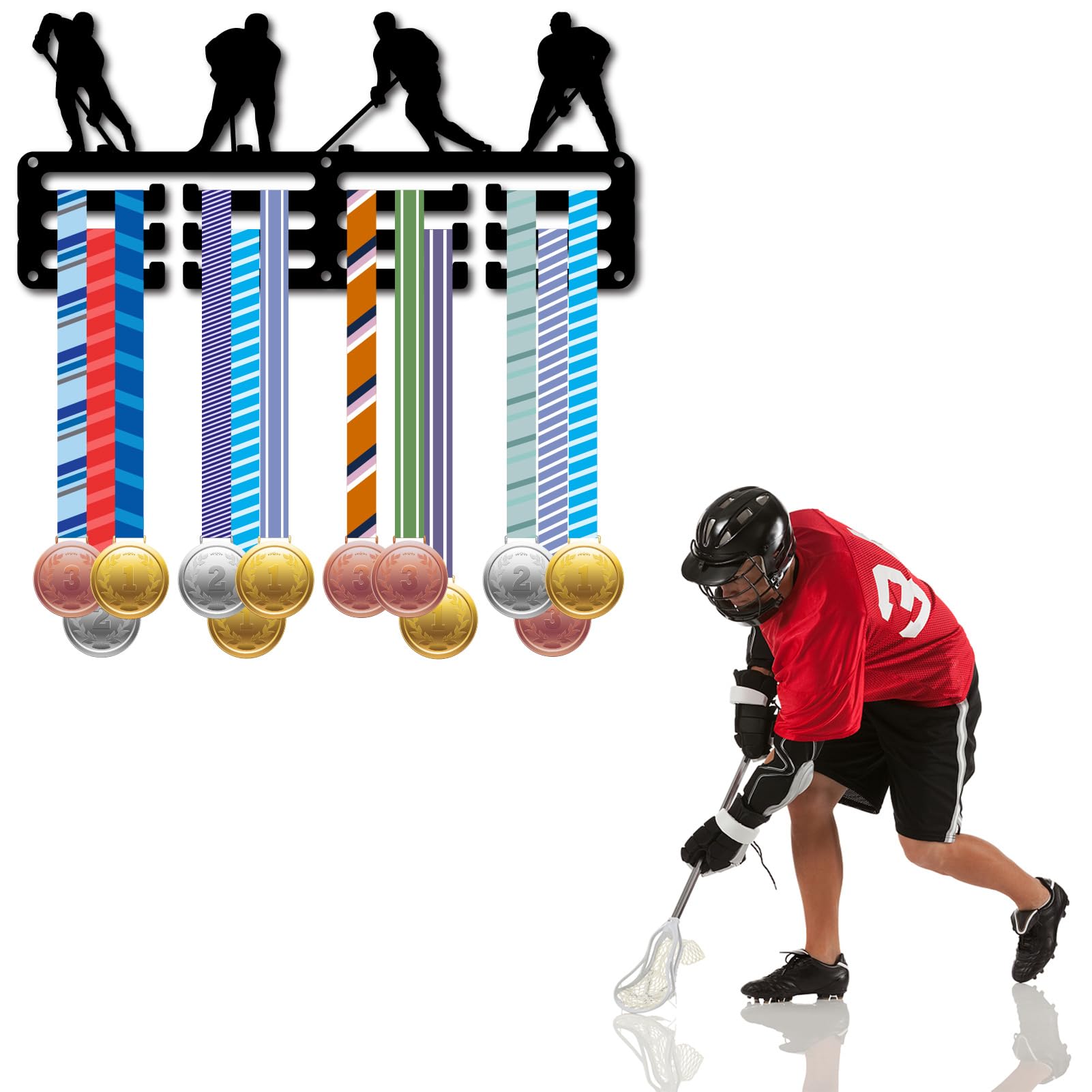CREATCABIN Soporte Medallas Hockey sobre Hielo Estante Exhibición Medallas Estante Pequeño Hierro Y Metal Negro Colgador Placas Medallas Organizador Marco Medallas Montado En Pared Colgando 29x13cm