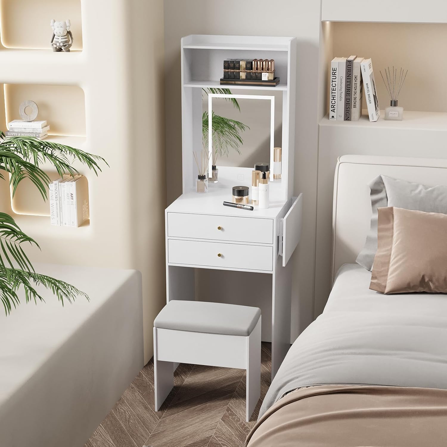 White Compact Vanity Desk Set with Adjustable Mirror and Storage Bench