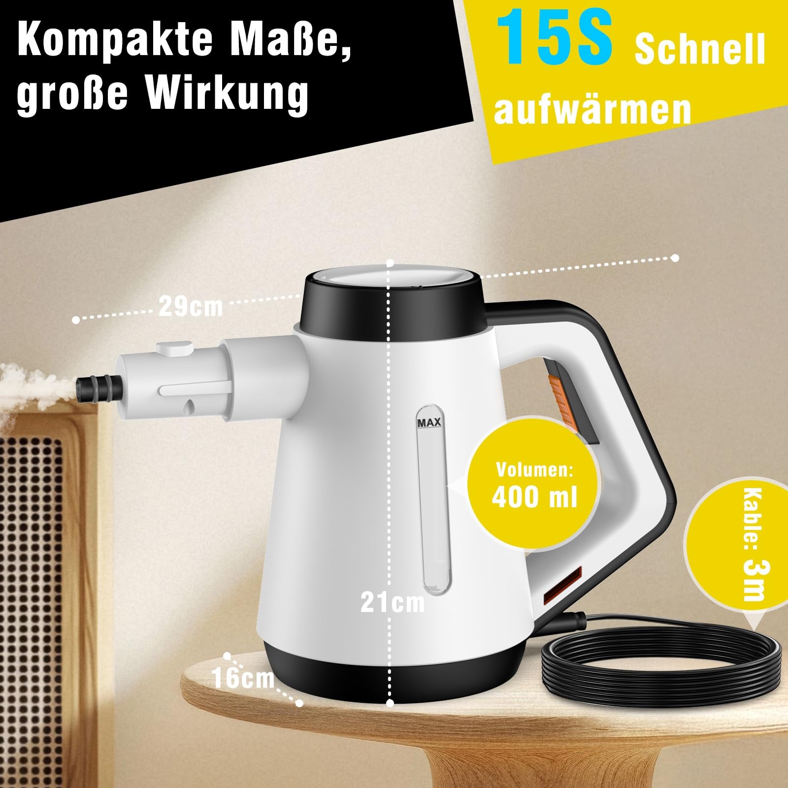 Fippesax Handdampfreiniger, 400 ml Druck-Mehrzweckdampfreiniger mit 9-teiligem Zubehör, chemikalienfreier Dampfreiniger für den Heimgebrauch, Reinigung von Böden, Fliesen, Fenstern, Sofas (Weiß)