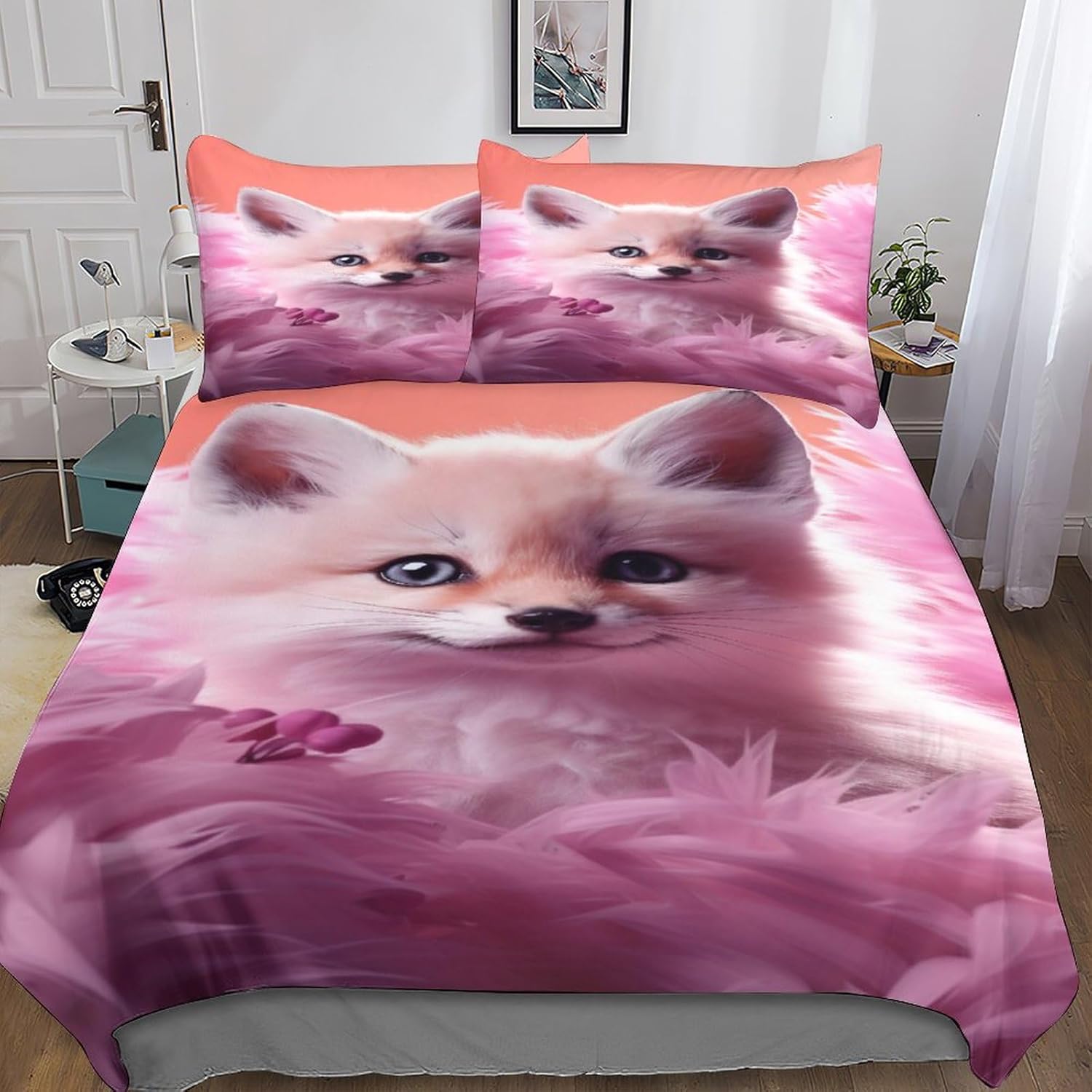 Pink Fox Bed Linen Set Duvet Cover Set 3D Comforter Cover 3 Pieces