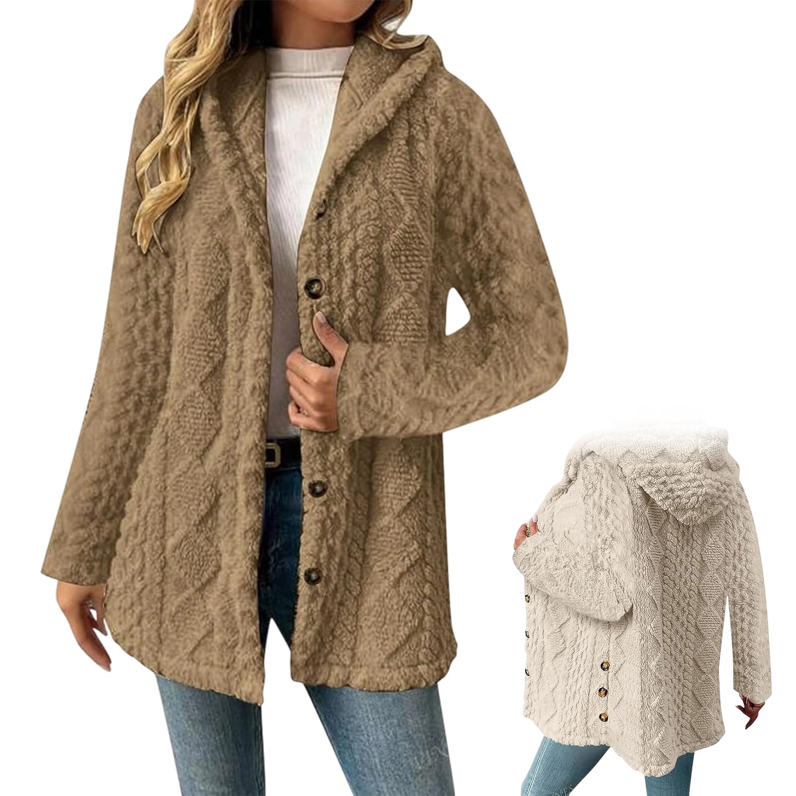 Womens Fall Winter Warm Fashion Jacquard Hooded Jacquard Knit Cardigan Long Sleeve Coat Stylish Outerwear