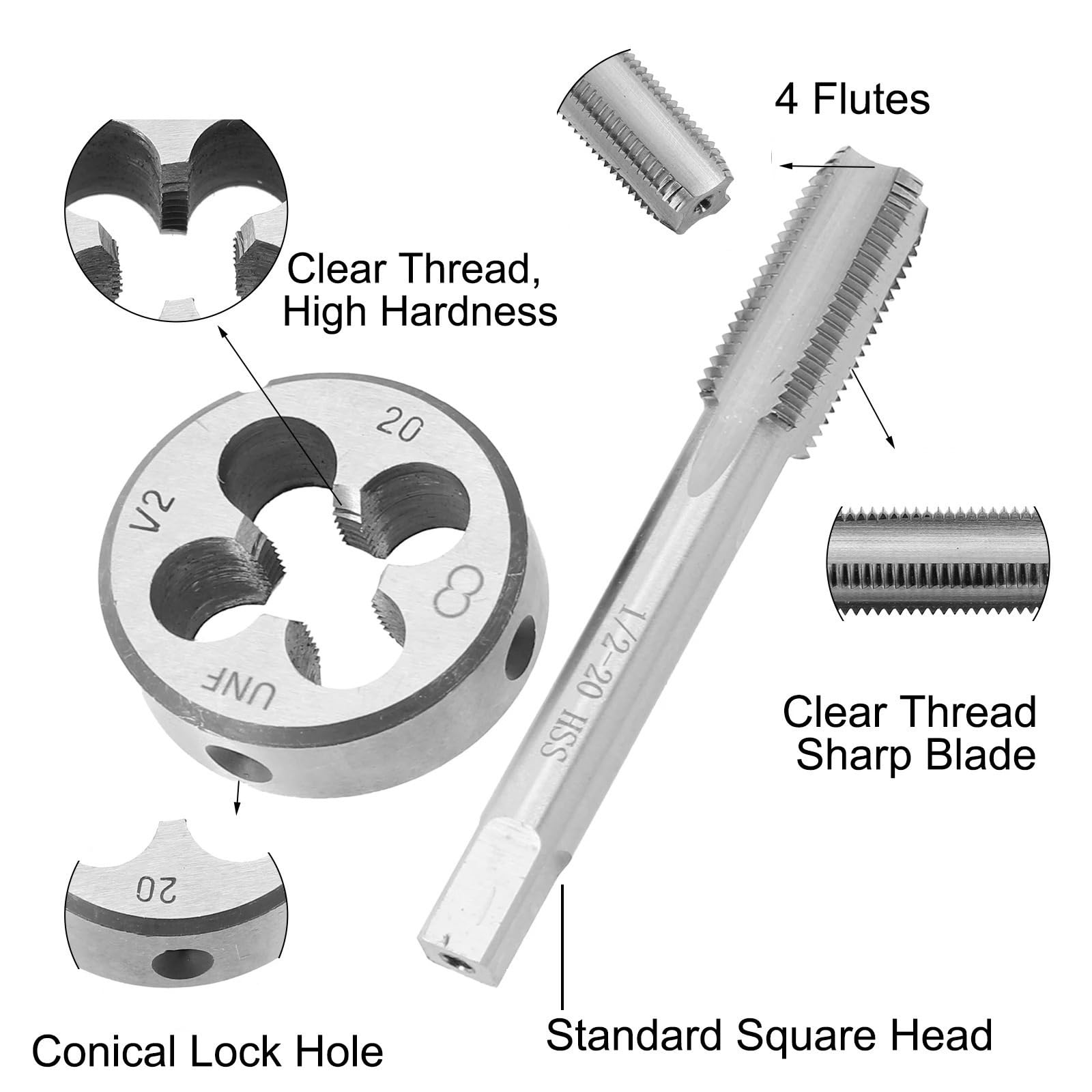 Troquel de roscar a derechas para roscar a máquina Juego de machos y terrajas HSS de roscar a la derecha de 1/2"-20 UNF, juego de machos y terrajas ideal for roscas internas de dispositivos, 1 juego