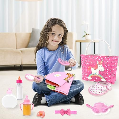 Miniatura 6 de Accesorios para muñecas de bebé juego de alimentación y cuidado de muñecas con bolsa de pañales pañales y biberones para niñas regalo de juguetes