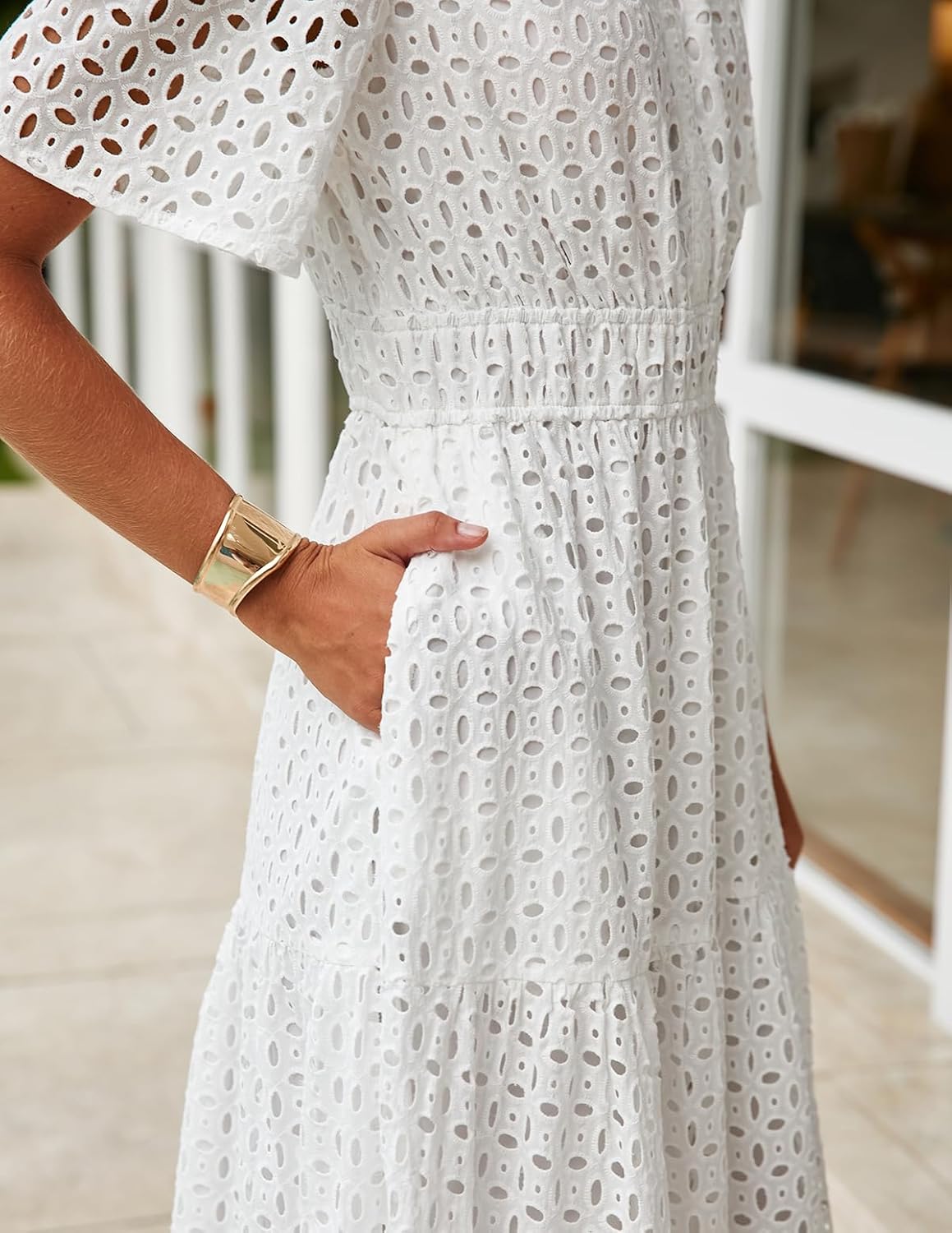 ZESICA Women's 2026 Summer Short Sleeve Maxi Dress Casual V Neck Hollow Out Eyelet Ruffle Swing A Line Long Dresses