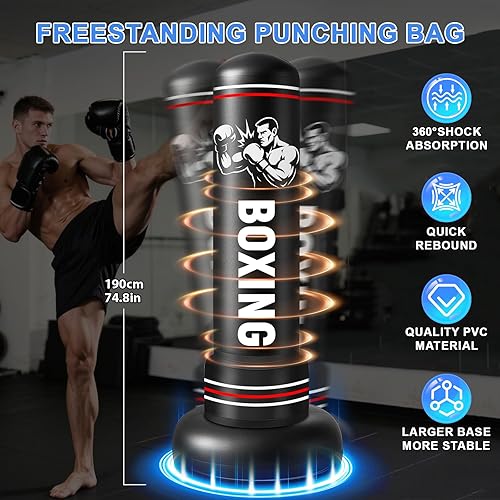 Miniatura 2 de Saco de boxeo para adultos con soporte, 74.8 pulgadas, bolsa de boxeo pesada con guantes y bomba para hombres, mujeres, adolescentes, niños, niñas,