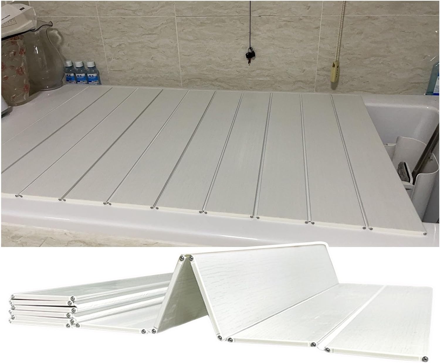 Bathtub Tray Dust Board Bathtub Lid White Bathtub Insulation Cover, Extendable Shutter Bath Tray Bath Lid Multi-Function Folding PVC Storage Stand for Home Bathroom Multifunctional (Color :