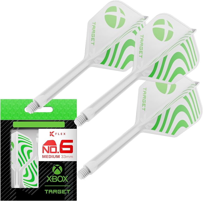 Target Darts Xbox Système K-Flex Vol et Arbre, Vert Et Blanc | N° 2/ N° 6 Kflex – Court (19mm), Intermédiaire (26mm), et Moyen (33mm) Tout-en-Un K Flex Vols et Tiges