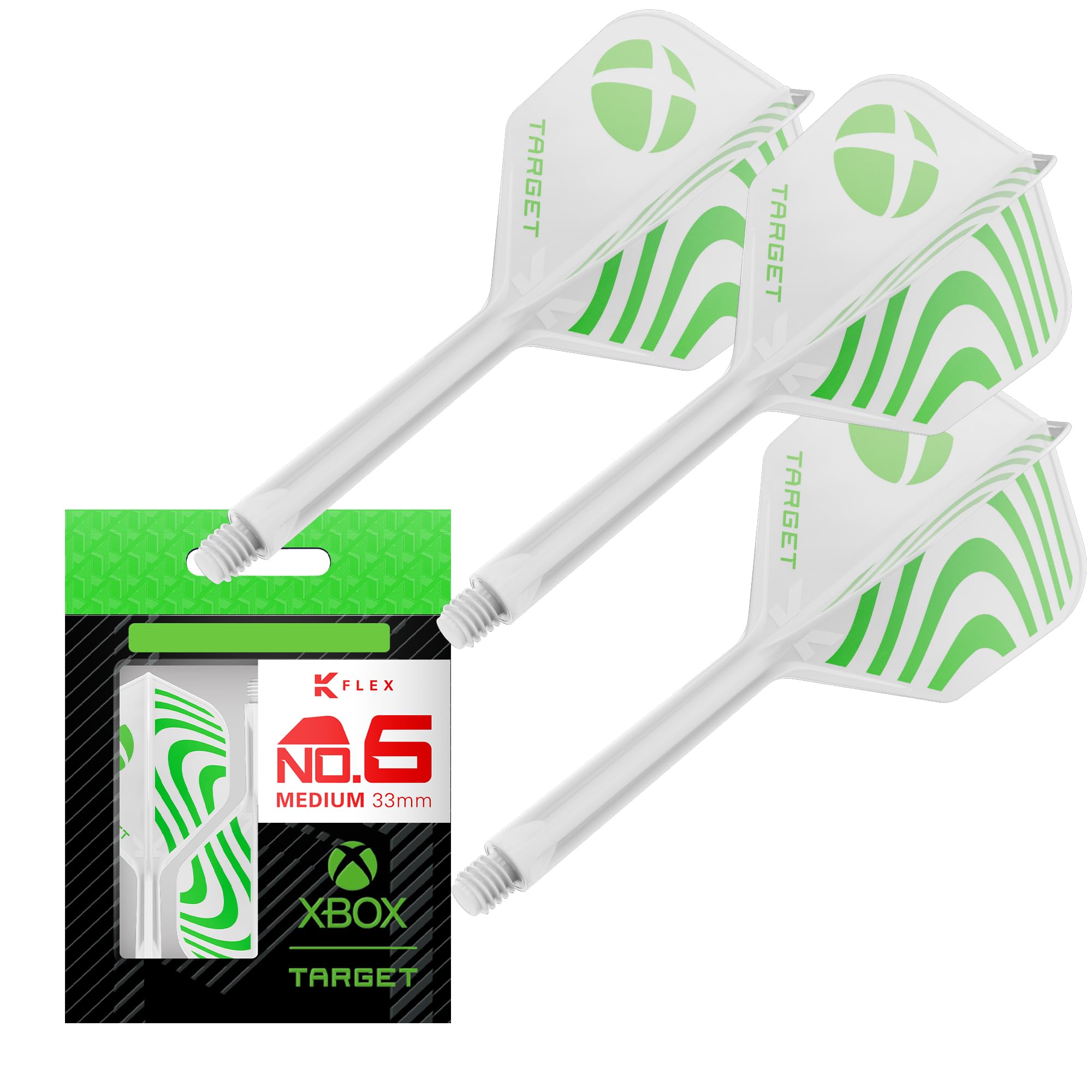 Target Darts Xbox Système K-Flex Vol et Arbre, Vert Et Blanc | N° 2/ N° 6 Kflex – Court (19mm), Intermédiaire (26mm), et Moyen (33mm) Tout-en-Un K Flex Vols et Tiges