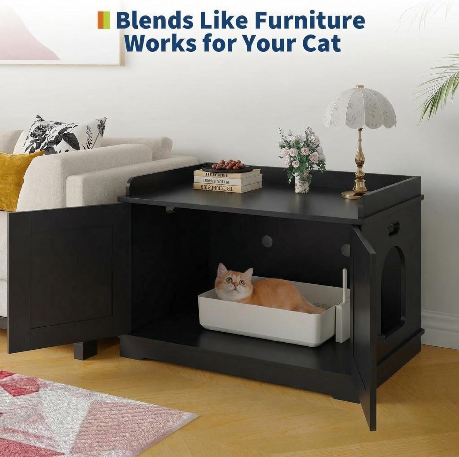 Cat Litter Box Enclosure Furniture with Barn Door & Display Shelf, Wooden Hidden Litter Box Cover, Dog-Proof Design for Multiple Cats, Modern Cat House Furniture to Fit Most Litter Boxes - Black