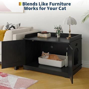 Cat Litter Box Enclosure – Hidden Litter Box Furniture with Cosy Perch, Fits Most Standard Litter Trays, Pet Washroom Furniture for Hallway, Bedroom & Living Room, 80 x 53 x 50 cm – Black