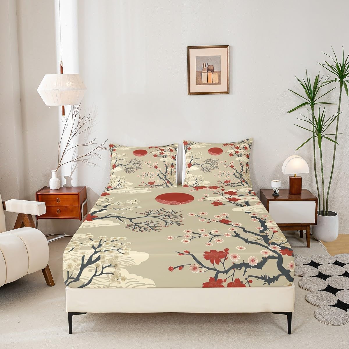 Drap Housse 180x200 cm Fleurs de Cerisier Japonais, 3D Japon Drap-Housse en Microfibre, Drap Plat 2 Personnes avec 2 Taie d'oreillers pour Matelas Épais C.L1869