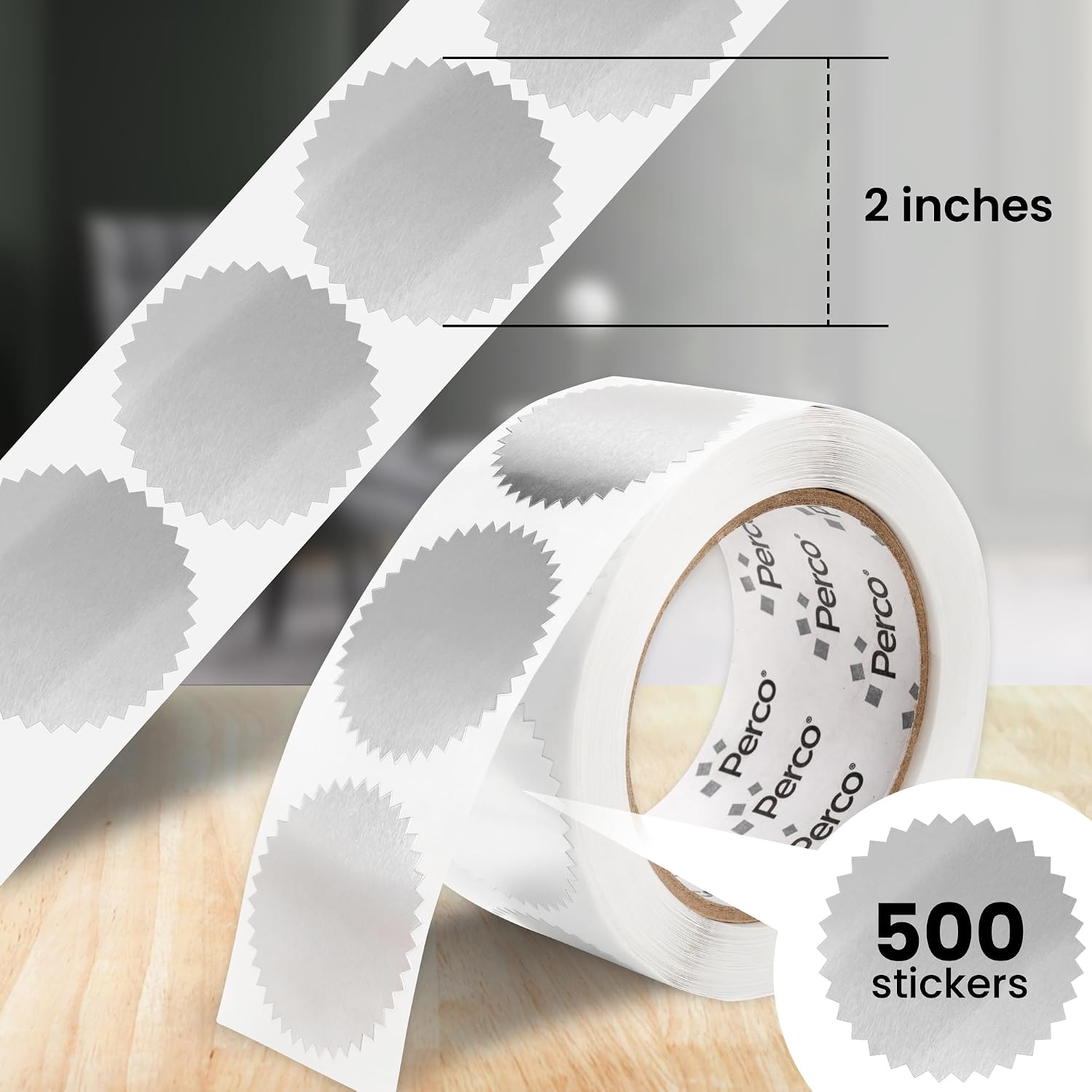 Perco Metallic Silver 2-Inch Serrated Edge Sticker Labels with Permanent Adhesive—10 Rolls, 5,000 Stickers - Stylish & Elegant Seals for Envelopes, Certificates, Awards, Packaging & More—Made in USA