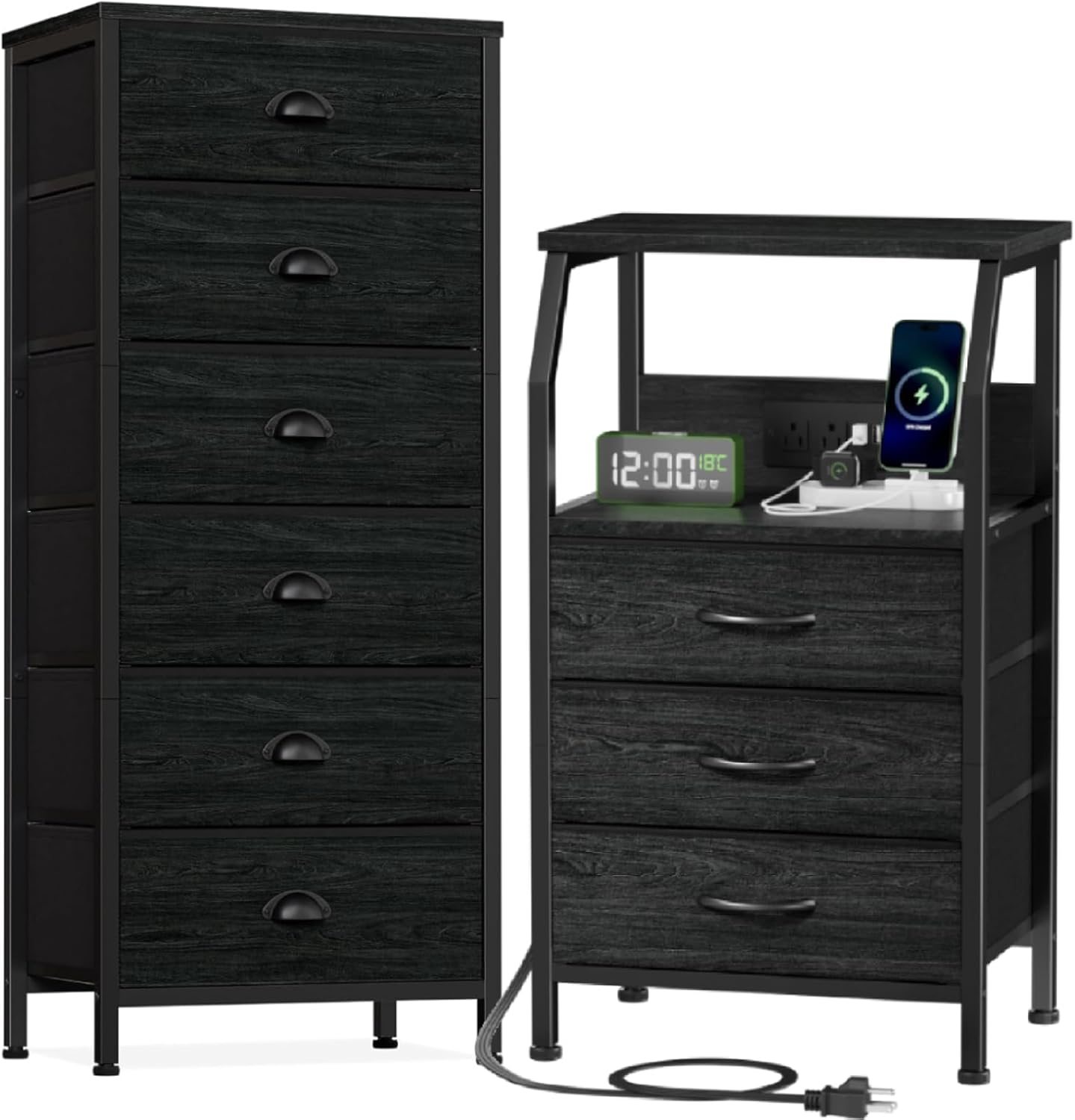 Furnulem Dresser and Night Stand Sets, Tall Dresser with 6 Drawers + Night Stand with Charging Station