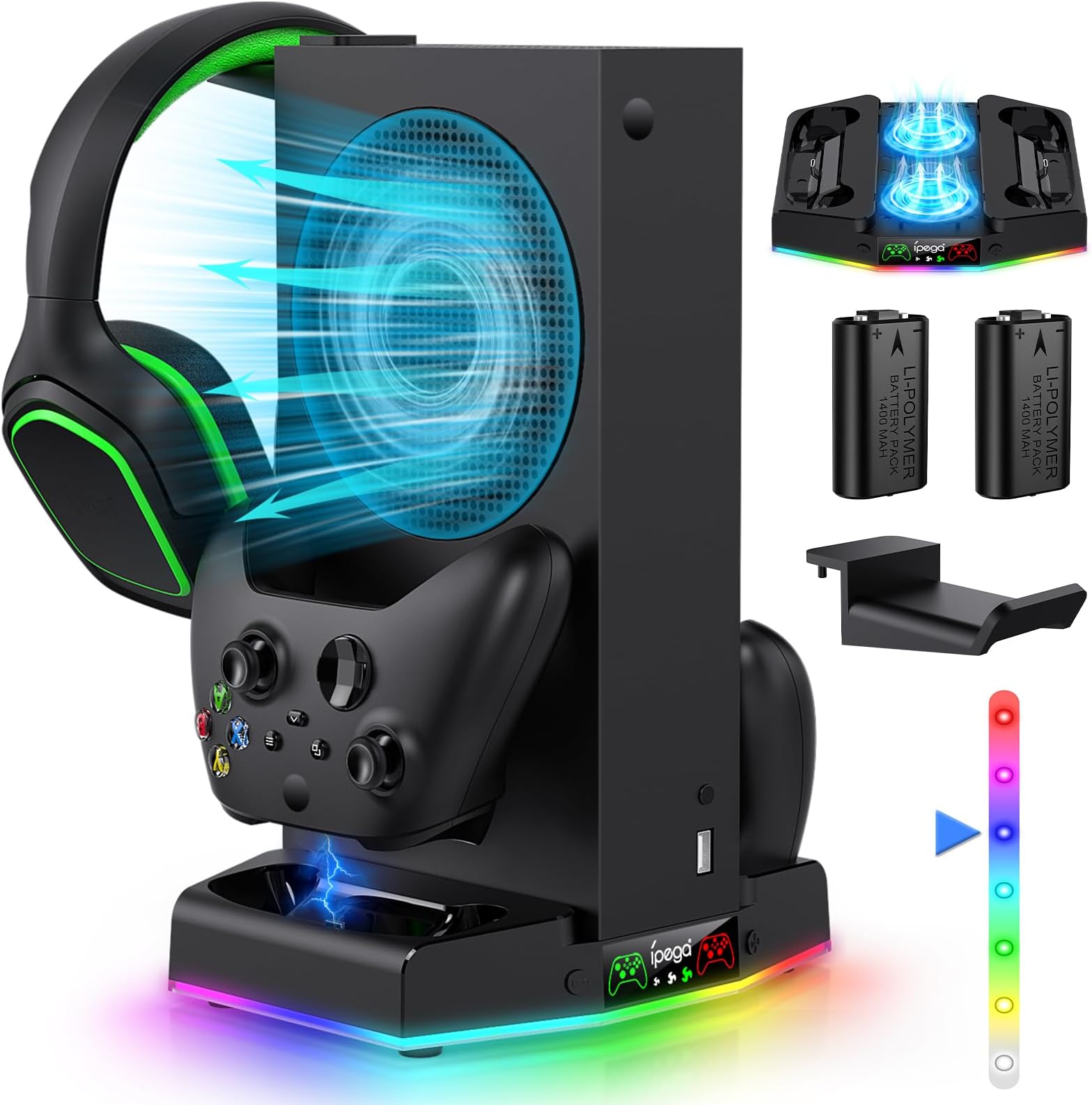 Cooling Stand & Charging Station for Xbox Series S with RGB Light Strip,Dual Charger of Controllers and Cooler Fan for XSS Console Accessories with 2*1400mAH Rechargeable Battery Pack,1*Headphone Hook