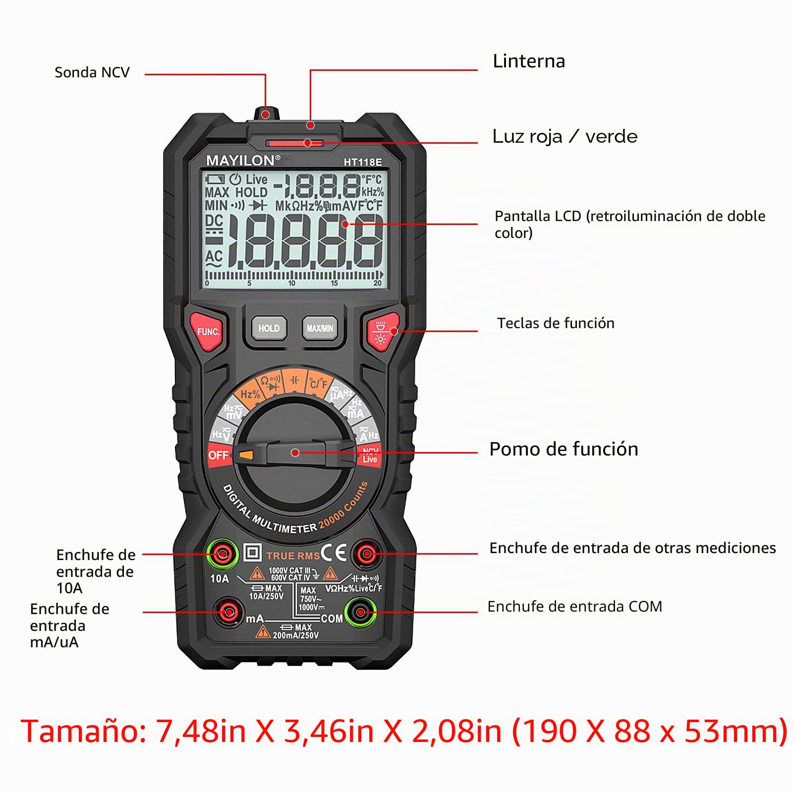 HT118E Multimetro digital20000 Cuentas, Polimetro True RMS con NCV y Detección de Cable LIVE, Mide AC/DC Voltaje y Corriente, Temperatura, Capacitancia, Resistencia, Diodos, Continuidad, Frecuencia