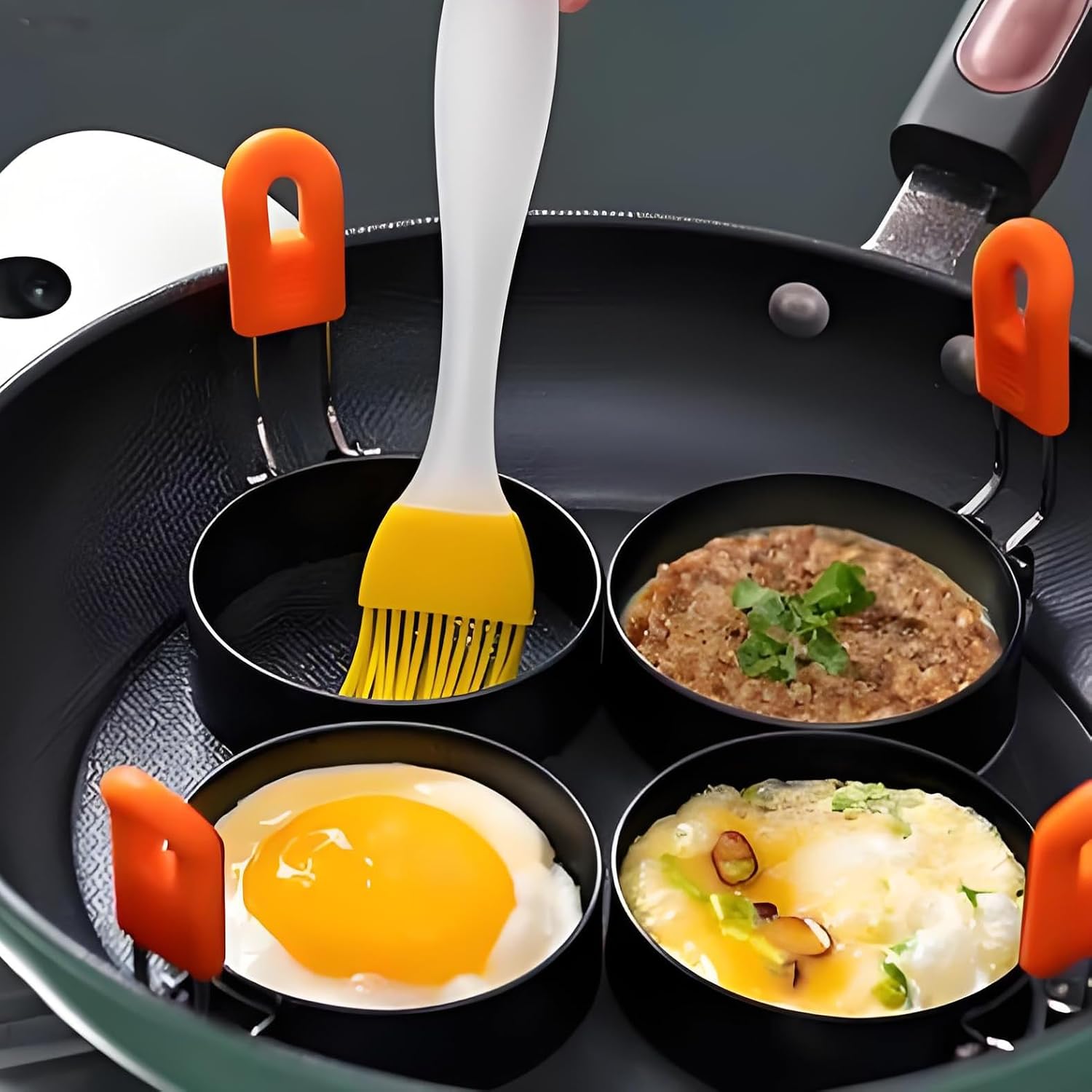 2 Pcs Square+Round Egg Ring for Frying, 4 Inch Non-stick Fried Egg Ring, Stainless Steel Egg Pancake Cooking Rings with Handle, Rings for Egg Muffins