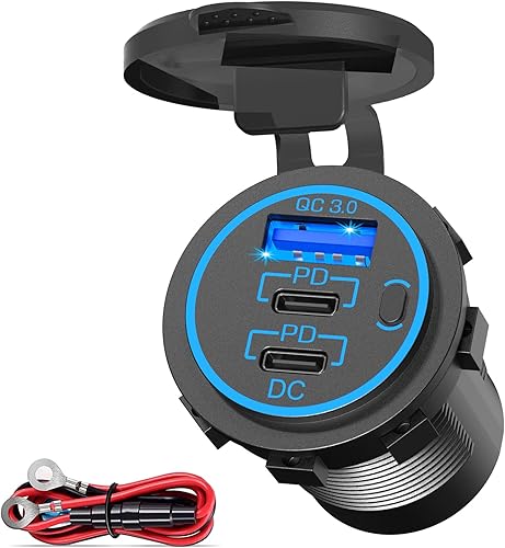 Enchufe USB C para cargador de coche – 58 W alargado RV USB Outlet 12V Socket Dual 20W PD3.0 USB-C y 18W QC3.0 Puerto USB de coche con interruptor