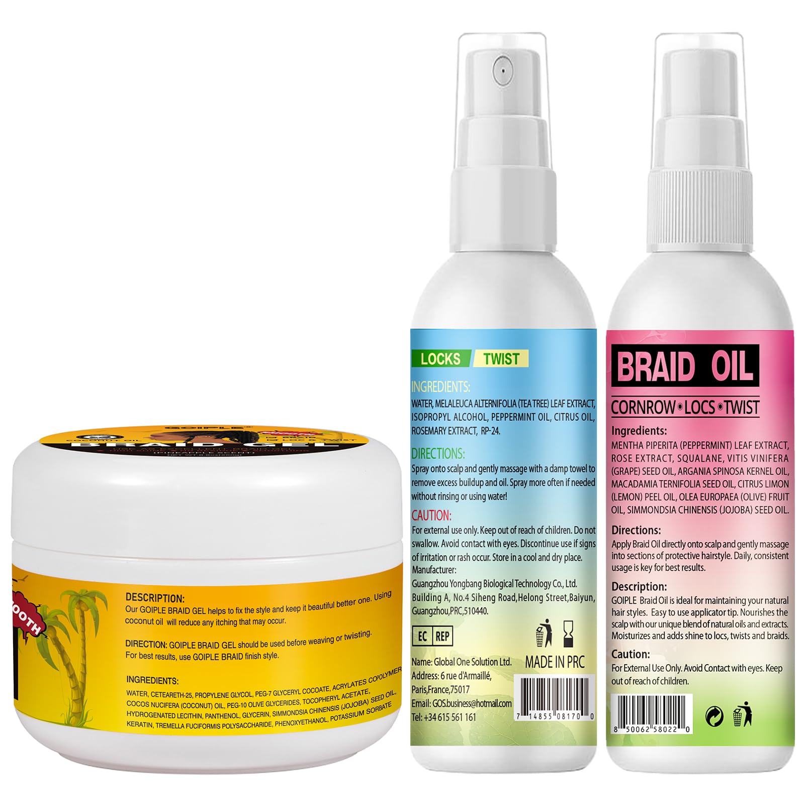 Coffret Gel Cheveux Bouclés avec Shampoing Tressé et Huile Spray – Lissant pour Twists, Locs, Tresses, Cornrows et Contrôle des Bords – Gel Cheveux Afro Kit Soin Coiffant Tressé Facile à Utiliser