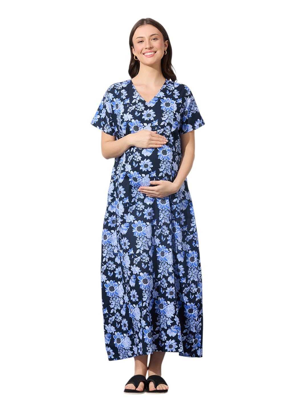 Women's Cotton Printed Feeding Maternity Nighty | Nursing Gown with zips on Both Sides