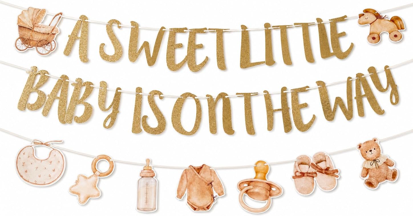 Neutral Baby Shower Banner, 35 Pcs A Sweet Little Baby Is On The Way Garland, 3 Pre-Strung Boho Beige Gold Glitter Banners for Gender Reveal Decor