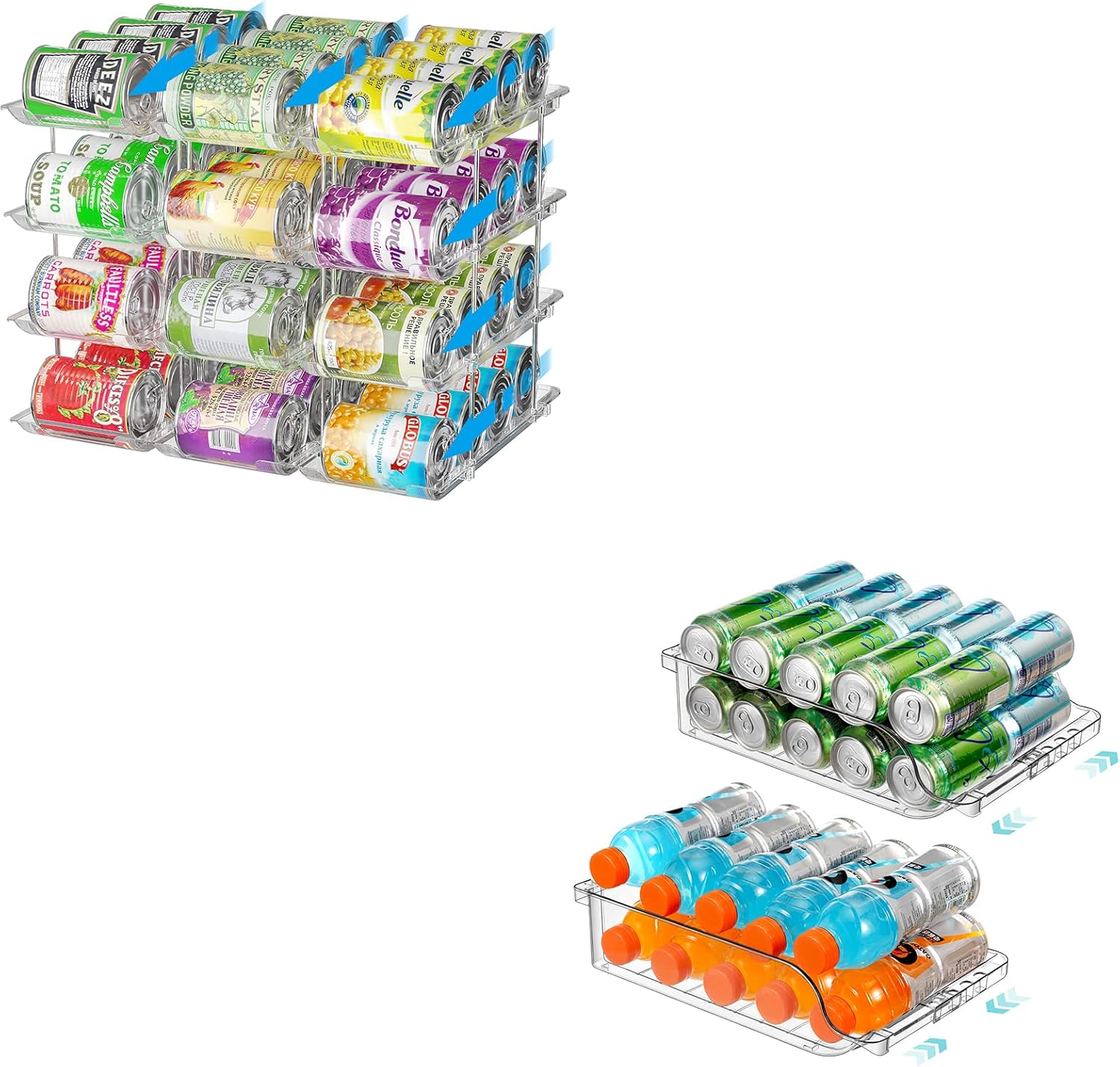 Stackable 4 Tiers Can Organizer Pantry and 2 Packs Clear Width Adjustable Soda Can Organizer for Refrigerator