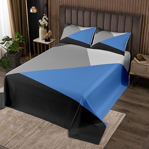 Erosebridal Juego de ropa de cama acolchada geométrica tamaño Queen para niños, azul, gris oscuro y gris claro, triángulo, retazos, geométrico,