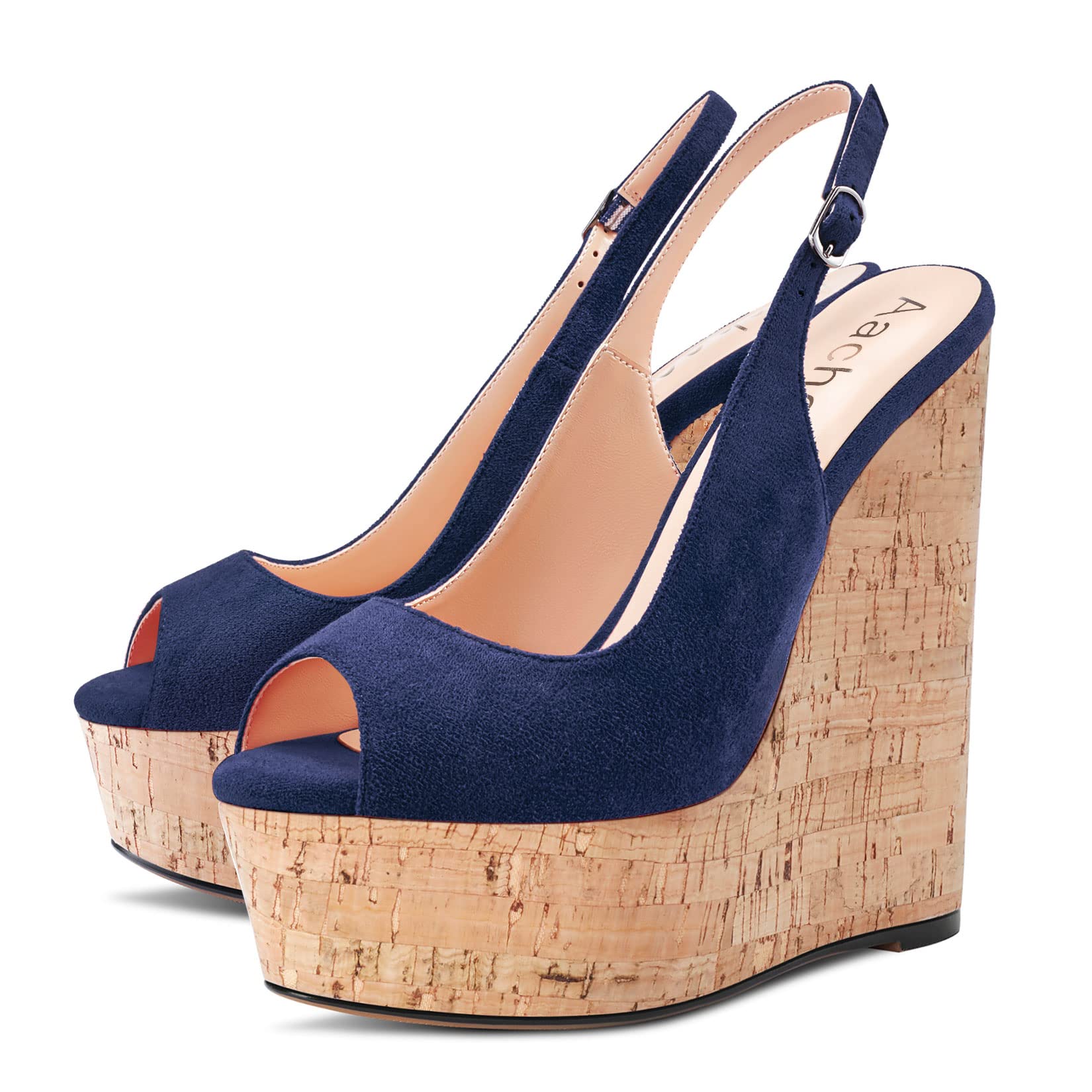 Aachcol Mujer cuña Esparto Plataforma Pumps Abierta Punta Correa Tobillo Slingback Correa Posterior Alto High Heel Dress Zapatos Sandalias Ante 15 CM