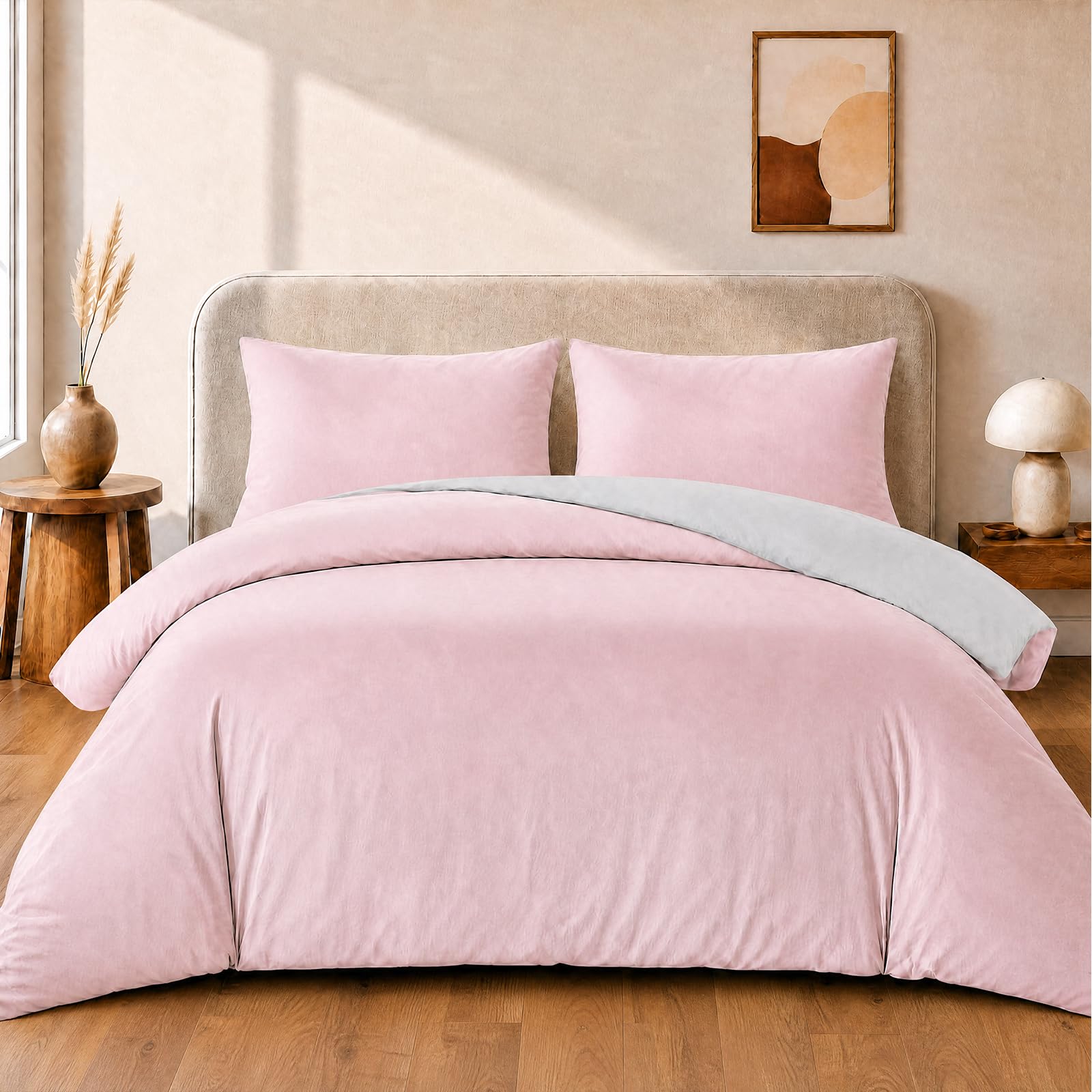 VelvetMis Double Size Duvet Cover Set - 3Pcs Reversible Bedding Bed Set Rosa Pink And Light Grey Microfiber Quilt Cover With 2 Pillowcases 50x75cm