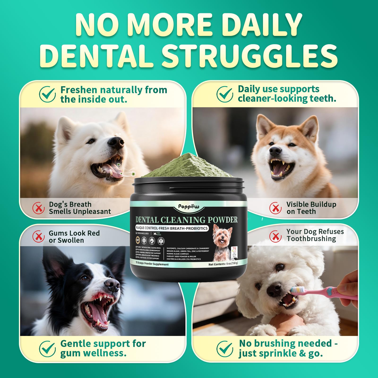 Dog Dental Powder – Teeth Cleaning Powder with 6B CFU Probiotics, Enzymes & Antioxidants, Plaque & Tartar Off, Fresh Breath Support, 75 Days, Mint Chicken Flavor, No Brushing Oral Care - image 5
