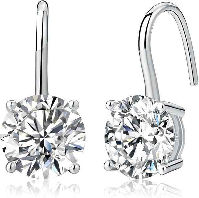 Diamond Treats 925 STERLING SILVER Earrings with 8mm Single Round Hanging Bright White Cubic Zirconia. The Fish Hook Dangly Silver Drop Earrings are a Lovely Gift for Her.