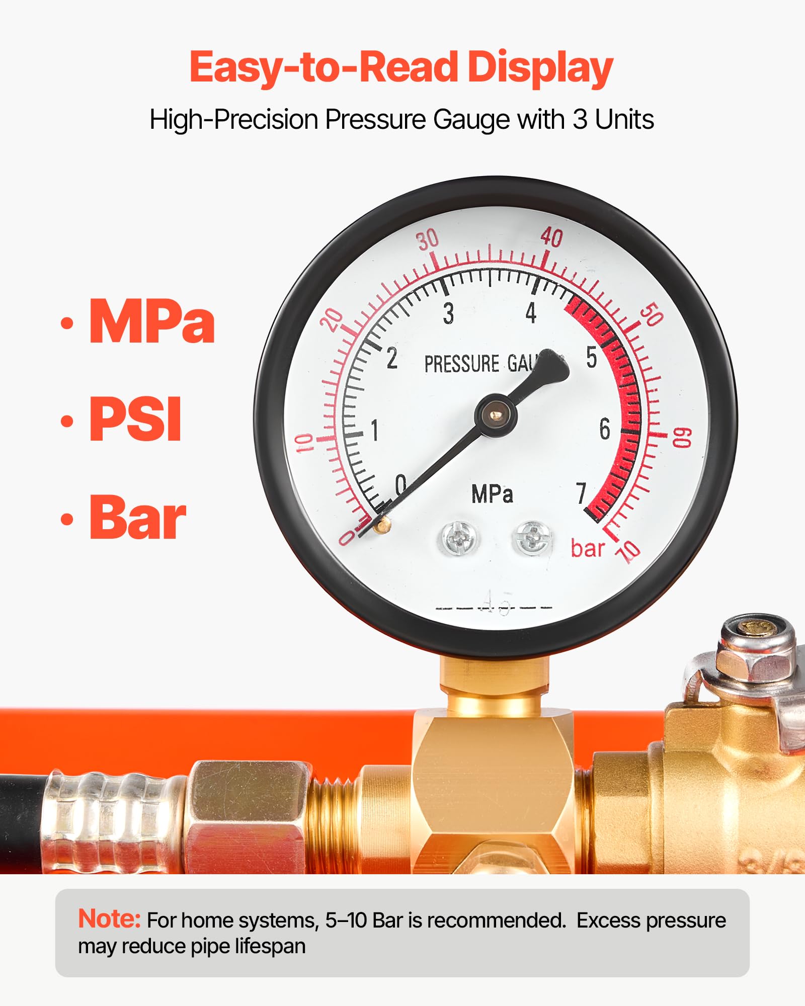 VEVOR Bomba de Prueba de Presión Hidráulica 7,57 L, Manual, Válvula Simple | Rango de prueba de 0-50 bar, Con Manómetro y Tanque, Material Resistente, Para Sistemas de Tuberías de Agua, Calefacción