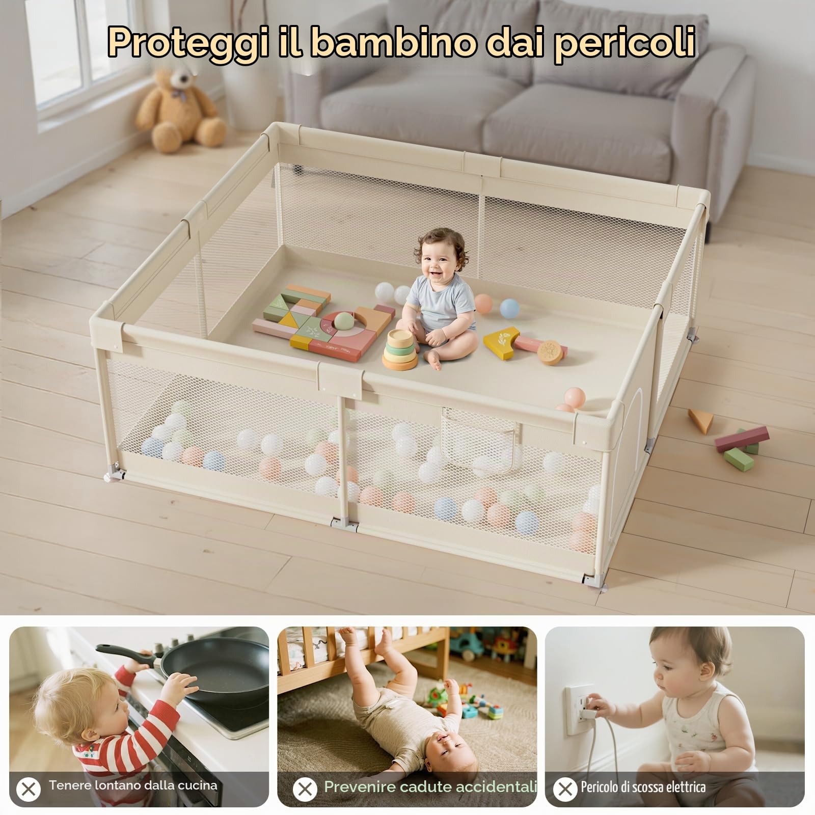 Box Bambini 175×150 cm – Recinto per Bambini Box Grande Recinto Gioco Bebe, ideale per uso interno, Beige