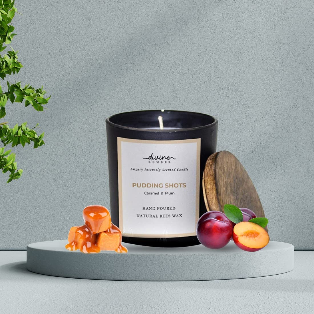 Divine Senses Natural Caramel & Plum Matte Black Glass Jar Scented Candle | 40 Hours Burning Time | Natural Beeswax