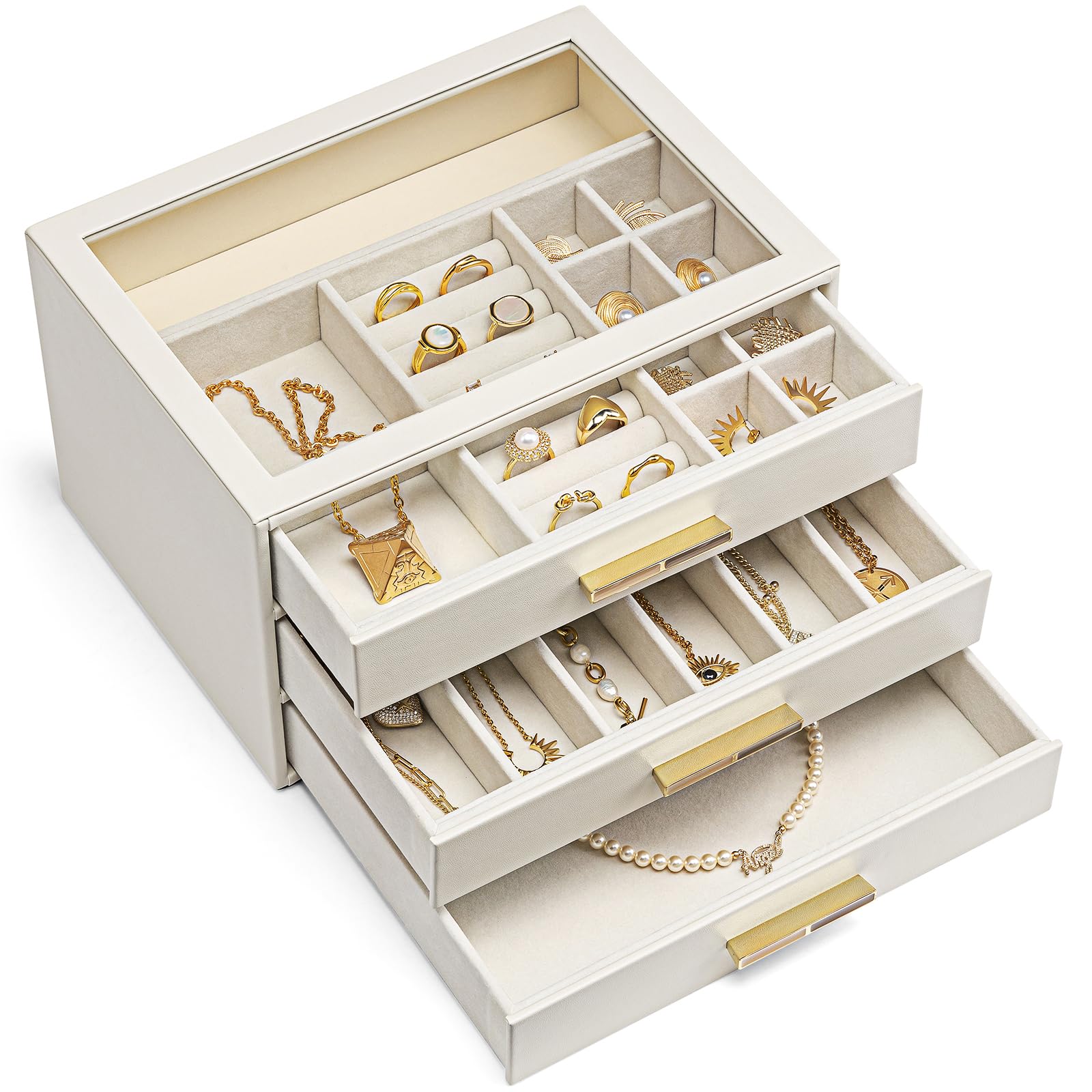 VLANDO Schmuckkästchen Groß, Schmuckkasten mit 4 Ebenen, Schmuck Organizer mit Glasdeckel, 4 Schubladen,für Halsketten, Ohrringe, Uhren, Armbänder, Schmuckaufbewahrung, Modern