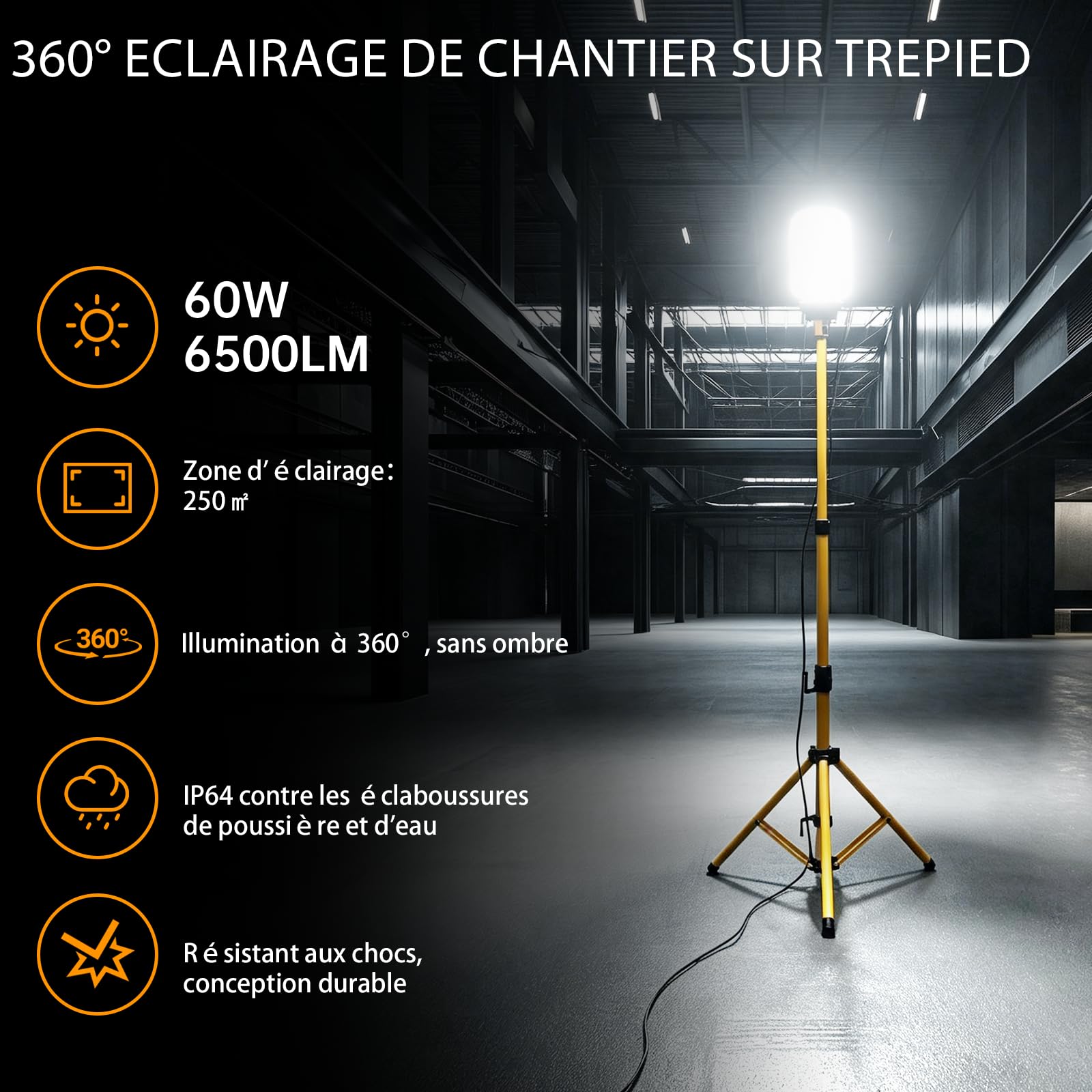 60 W Baustrahler auf Stativ, 6500 Lumen und wasserdicht, LED-Außenstrahler, 360 Grad Lichtwinkel.