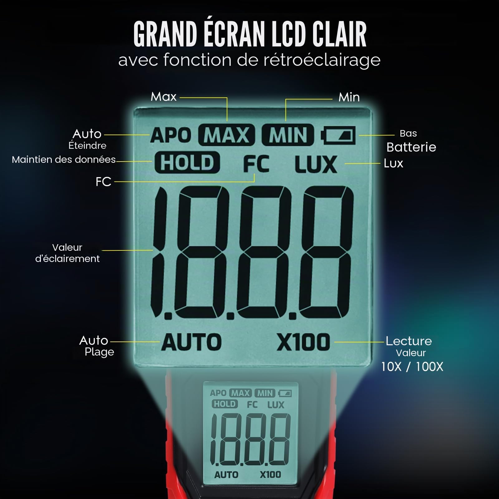 Luxmètre numérique 0,01-200 000 lux pour LED, plantes, photographie, luminance, bougies de pied, haute précision, capteur d'éclairement portable, écran LCD, portée automatique, batterie incluse